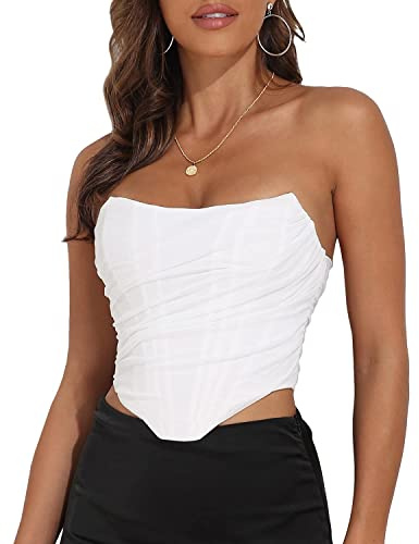 Women's Vintage Strapless Open Back Boned Mesh Bustier Zip Back Corset Bodyshaper Crop Top (White, 8-10, X-Large)
