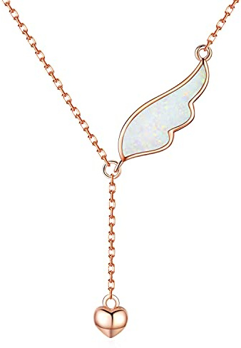 KINGWHYTE Opal Engelsflügel Halskette Silber 925, Roségold Kette mit Herz Anhänger Schmuck Geschenke für Frauen Mädchen Mutter Tochter