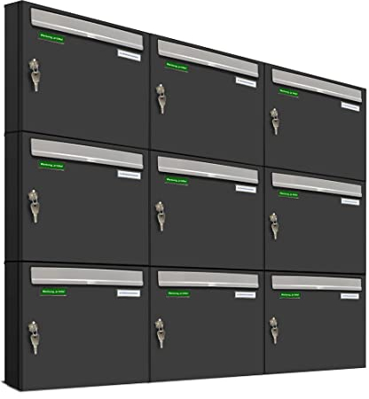 AL Briefkastensysteme Basic 9er Briefkasten RAL 7016 Anthrazit Grau/Einwurfklappe RAL 9006 Weiß Aluminium 9 Fach DIN A4 wetterfest mit Posthaltebügel und 2 Namensschildern