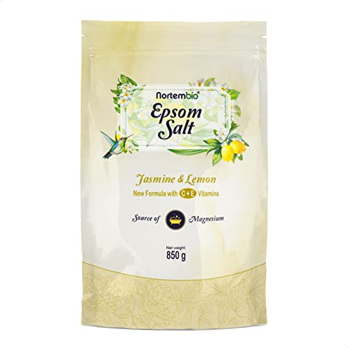 Nortembio Sali di Epsom 100% Fragranza Gelsomino e Limone 850 g – Fonte Naturale di Magnesio | Con Vitamina C ed E Idratante | Per Bagni Rilassanti, Spa e Cura della Pelle + E-Book Gratuito