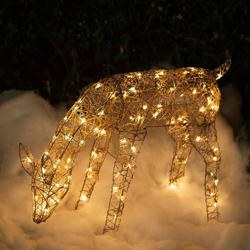 Alpine Corporation Grazing Rattan Reindeer Decoration with Warm White Lights, Christmas Decoration