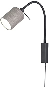 Fischer & Honsel Wandspot flex, Bettleuchte, Maui | sandschwarz| Stoffschirm grau Leinen, weiß| B: 8,50 cm, H: 40 cm, Ausladung Wand: 35 cm| mit Schnurschalter| 1x E14 max. 10,0W ohne Leuchtmittel