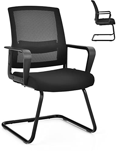 SFAREST Reception Chair, Ergonomic Mesh Meeting Chair with Adjustable Lumbar Support & Sled Base, Mid-Back Task Desk Armchair for Home Office(1, Black, 60x57x95cm)