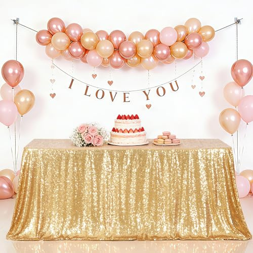 Eternal Beauty Gold Tablecloth, 60x102 Inch Sequin Rectangle Table Cover for Valentines Cake Dessert Exhibition Party Birthday Events
