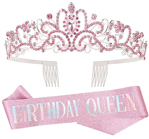 DRESHOW Couronne et Écharpe d'Anniversaire pour Femmes Couronne de Reine et Diadème en Strass Diadèmes et Écharpes d'Anniversaire pour filles Décorations d'Anniversaire Accessoires pour Cheveux
