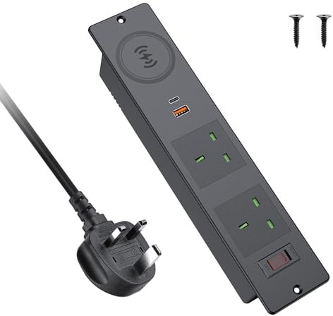 Recessed Power Socket with Wireless Charger, BQO Desk Power Strip with 2 UK Plugs, PD 20W USB A+C, Desk Socket with Overload Switch, 2M Cable, Black