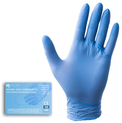 MCT INTERNATIONAL Guanti in Nitrile Azzurri, blu, Monouso, Senza Polvere - Certificati CE Classe I e III, Resistent, per Medici, Laboratori, DPI Categoria III (S da 4,5 grammi, 100, unità)