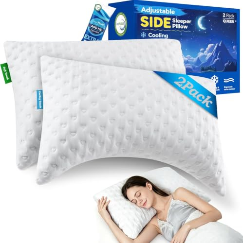 Side Sleeper Pillows for Neck & Shoulder Comfort - Ergonomic Curved Crescent Design, Adjustable Shredded Memory Foam, Cooling & Soft Cover, Extra Fill Included, Queen Size Pillows Set of 2, White