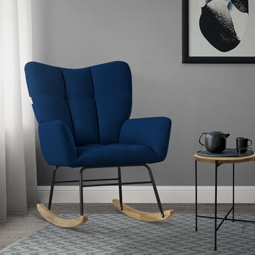 ML-Design Mecedora con Funda de Rizo Azul Oscuro Tumbona con Guías de Madera Sillón Ergonómico Reclinable con Reposabrazos Diseño Elegante Mueble Tapizado para Relax Salón Dormitorio Balcón