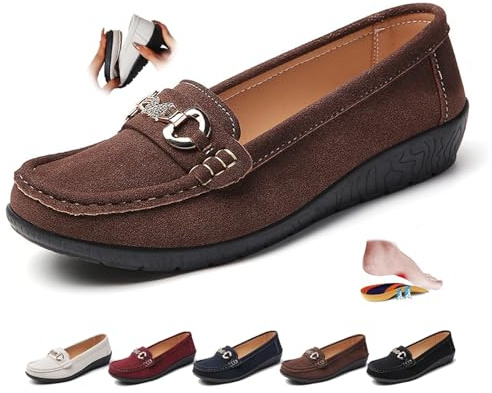 ZPLMIDE, mocassini ortopedici da donna in pelle scamosciata, mocassini retrò da guida, comodi, alla moda, con tacco a cuneo, scarpe da barca, Marrone, 43 EU