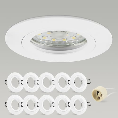 CongShine 10x infälld spotlight GU10 aluminium, vit infälld spotfäste monteringsram med GU10-uttag, rund takspot 68 mm extra platt för LED-lampor, monteringshål ø60–70 mm 230 V