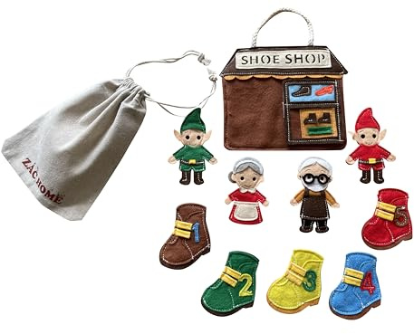 ZAC HOME Elves and the Shoemaker Finger Puppet Set – Classic Fairytale with Shoemaker, Wife, 2 Elves & 5 Numbered Shoes – Felt Puppets with Storage Bag for Storytelling and Pretend Play