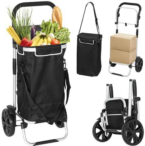 HOMCOM Chariot de Courses Pliable 40 L Caddie de Courses Portable à roulettes avec poignée télescopique réglable, Sac Amovible, Compartiment Isotherme, Chariot de magasinage en Aluminium, Noir