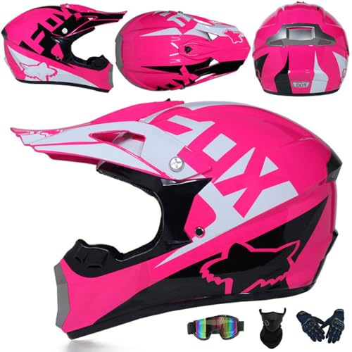 Casco De Moto Mujer Hombre Cascos De MTB De Cara Completa Casco De Motocross Certificado Dot/ECE con Gafas Máscara Guantes Ciclomotor Seguridad Cascos De Descenso para Cruiser Chopper,Pink-S