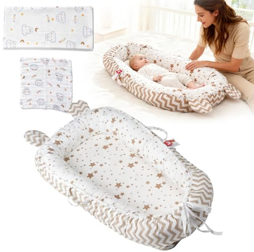Verdego Nido per neonati, 95 x 50 x 15 cm, con maniglia, coperta e bavaglino, 100% cotone, design su entrambi i lati, rimovibile, motivo stella