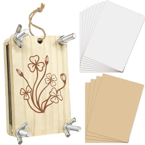 PRESSINART Träblompress-kit liten blomma pressande bok 6 x 9 cm 4 lager klövermönster rektangel trä presstavlor verktyg hantverkskit gör-det-själv bukett bevarande för bokmärkesram bröllop
