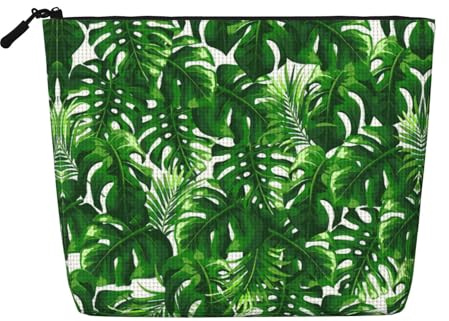 Monstera Deliciosa Banana Palm Print Fake Hemp Makeup Bag Cosmetic Pouch Travel Toiletry Bag Waterproof Organizer for Women