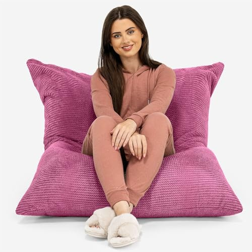 Lounge Pug Pouf Coussin Géant XXL Texturé Gaufré Pom Pom - Grand Coussin d'assise, Pouf Intérieur et Extérieur, Maniable & Polyvalent - Rose
