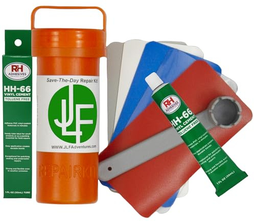 JLF Repair Kit with HH-66 Vinyl Cement Glue for Inflatable Stand Up Paddle Boards (SUP) Includes 3 x 6 Red, White, Blue, Clear, Grey PVC, 5 Patches and 6 Prong Valve Wrench