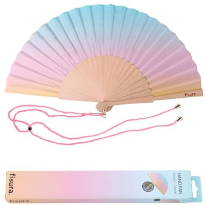 Fisura - Éventail original multicolore en dégradé. Eventail en bois moderne et amusant. Eventail bleu. Dimensions : 42,5 X 23 centimètres. Matériau : Bois et textile.