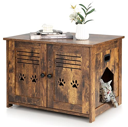 COSTWAY Katzenschrank Katzentoilette, Katzenhöhle mit 2 Türen & Eingang, Katzenhaus Katzenklo Schrank, für Katzen Hunde Haustier, Haustierbox Haustierkiste Vintagebraun