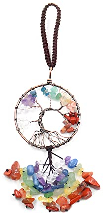 JNNJ Baum Des Lebens Rückspiegel Zubehör, Chakren Fenster-Hänge-Dekor, Kristalle Und Heilsteine Sieben-Farben-Stein Auto Hängende Zubehör Glück Wanddekoration(Rund)