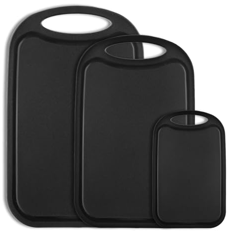 BEWOS Plastic Chopping Board Set, Juice Groove, Easy Grip Handle, Meat, Veggies, Fruit, Dishwasher Safe