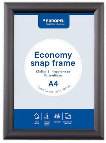 Europel Cadre clipsable Economy A4 aluminium couleur noire, profil 25x11 mm, dimensions 241x328 mm, pour affiche de 21x29,7 cm, porte-affiche, hôtel, bureau, restaurant, menus, réclame, message
