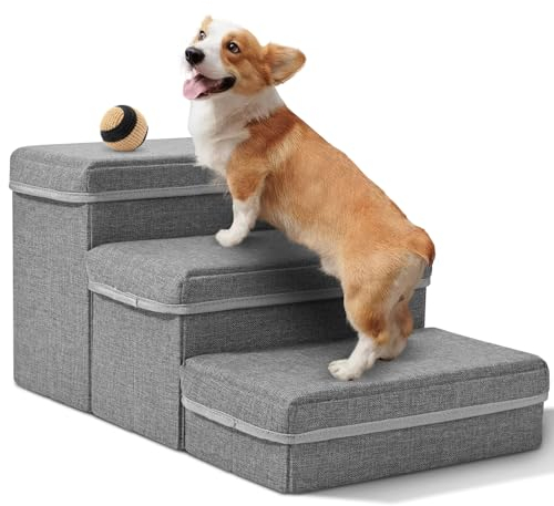 SenDeluz Escalera Perro de 3 Peldaños, Escalera para Mascotas Rampa para Perros Gatos con Cajas de Almacenamiento, Escalera para Perros Plegable para Subir a la Cama y Sofá