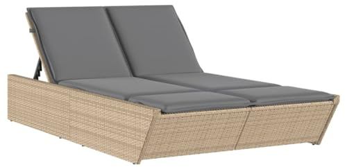 vidaXL Doppel Sonnenliege, Gartenliege mit Auflagen, Doppelliege für Garten Terrasse, Relaxliege Sonnenbett Gartenmöbel, Beige Poly Rattan