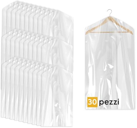 30 Custodie per Abiti 60x100cm Trasparenti - Sacchetti Vestiti Armadio Antipolvere per Tintorie, Giacche e Camicie (30pz 60x100)
