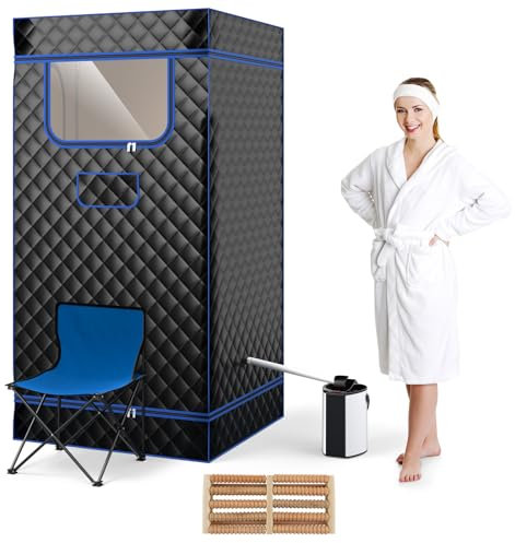 RELAX4LIFE Sauna à Vapeur Portable, Tente Sauna Portable Vapeur 3L avec Température 9 Niveaux, Cadre INOX, Chaise Pliable, Massage Pieds, Minuterie, Fenêtres Zippées, Sauna Portable à Domicile