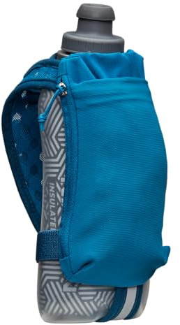 Nathan SpeedDraw 2 Insulated Handheld Running Water Bottle Flask – Double-Wall Insulation, Ergonomic Grip, Blast Valve Cap, Phone & Key Storage Pockets, Reflective Design - 18oz, Deep Blue