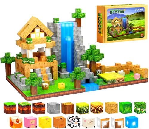 Magnetische Bausteine, 138 Stück Magnetic Building Blocks mit LED Lampe, Magnetbausteine zum Thema Bauernhof, Magnet Spiel Montessori Spielzeug für Kinder Jungen und Mädchen ab 3 4 5 6 7 8 9 10 Jahre
