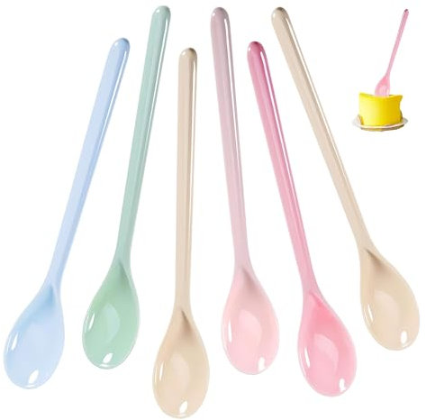 6 cucharas de plástico con mango largo, cucharas para huevos de colores y función antigoteo, reutilizables, para yogur, café, sopa y postre, resistentes a la rotura y práctica