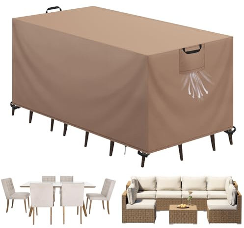Aujink Abdeckung Gartenmöbel Winterfest, Wasserdichte Schutzhülle Gartenmöbel 420D Oxford Anti-UV Abdeckplane für Gartentische Terrassenmöbel Regenschutz und Staubfest Abdeckhaube Khaki 125x63x74cm