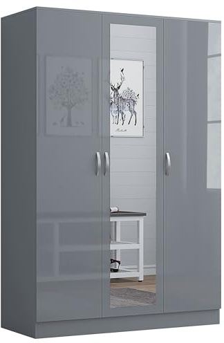 Nera Gloss 3 Door Wardrobe for Bedroom 120cm Wide with Mirror Shelves and Hanging Rail Storage Cabinet (Gloss Grey (Matt Grey))
