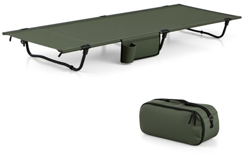 GOPLUS Lit de Camp Plialbe 1 Personne, Lit de Camping Pliant Ultra Leger en Alliage d'Aluminium, Sac Transport, Poche Latérale, Exterieur pour Randonnée, Charge 150 KG,193x70x18CM (Vert)