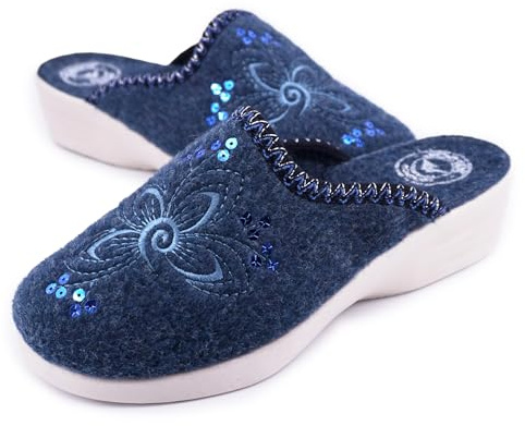 JOMIX Pantofole Donna Invernali Ortopediche con Zeppa Ciabatte Anatomiche Feltro Calde con Paillettes Cuore Ciabatte Ergonomiche Inverno da Casa Comode per Signora e Anziana ITD2431 Blu 37