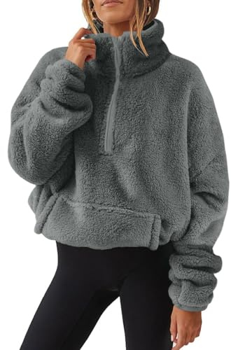 Yutdeng Felpa da Donna in Pile Sherpa con Mezza Zip Invernale Maglione a Maniche Lunghe Morbido Pullover con Tasca vestibilità Ampia Casual Giacche Tinta Unita Sweatshirt,Grigio Scuro,L