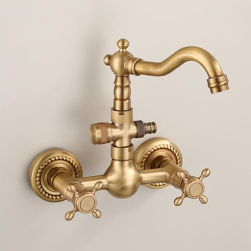 XSDSM Rubinetto A Parete con Attacco Lavatrice Rubinetto Bagno Lavabo Acqua Calda E Fredda In Ottone Doppio Foro Doppia Maniglia,Antico