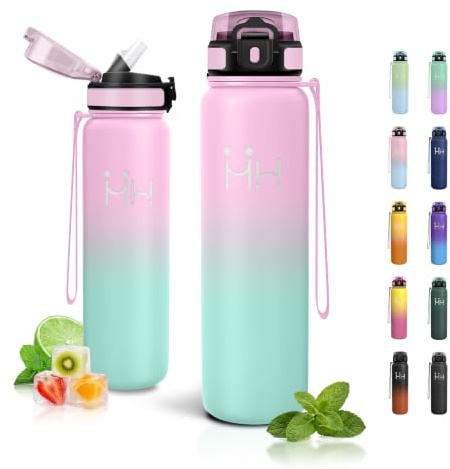 Borraccia Termica 1L, Borraccia Termica con Cannuccia, a Prova di Perdite, Riutilizzabile, Borracce in Acciaio Inox, Doppia Parete Isolata, per Outdoor, Yoga, Palestra