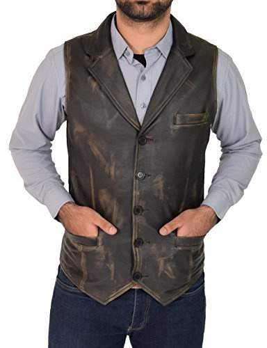 A1 FASHION GOODS Mens Genuine Vintage Rub Off Soft Leather Waistcoat Revere Collar Gilet Classic Western Vest Yelek Rhys (Large)
