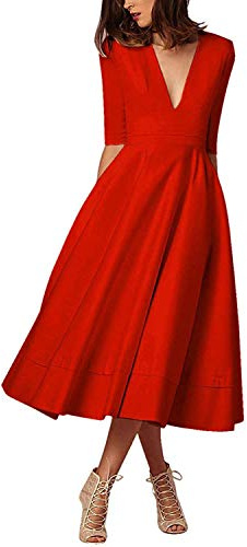 carinacoco Femme Robe de Cocktail Business Vintage Floral Soirée A-Line Manches 1/2 Col V Profond Midi Robe,Rouge,XL