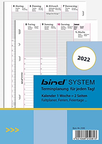 BIND B250822 - Calendar Insert for Weekly Calendar A5 - for Calendar Year 2022, 1 Week / 2 Pages, Appointment Calendar with System