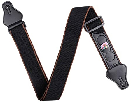 Yusheng Sangle de guitare basse en coton doux avec 3 supports pour médiators | Sangle réglable en coton avec extrémités en cuir