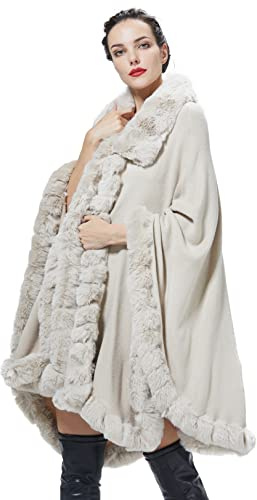BEAUTELICATE Cape Manteau Fausse Fourrure Châle Étole Femme Tricoté Poncho Cardigan Grande Taille pour Automne Hiver Mariage Soirée Mariée Demoiselle d'honneur(Taille Unique, Beige)