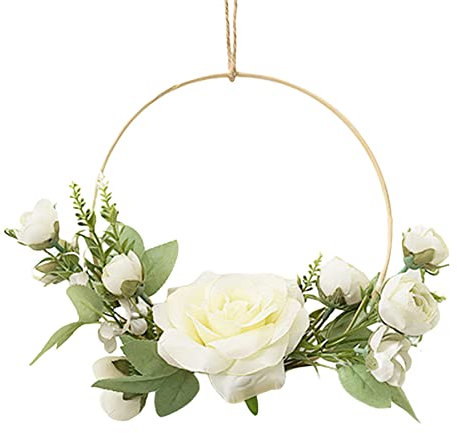 Türkranz Sommer, Blumenkranzkranz 7,5 Zoll künstlicher Blumenkranz rund Holzrahmen Girlande für Türen Hochzeitsfeier Home Decor Weiß Rose