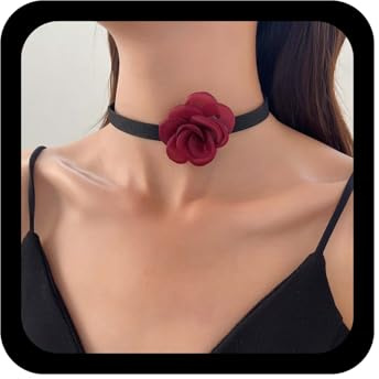 Wendalern Collier Ras Du Cou En Velours Noir Fleur Rouge Satin Fleur De Camélia Lacet Gothique Chaîne En Velours Bijoux Pour Femmes Filles