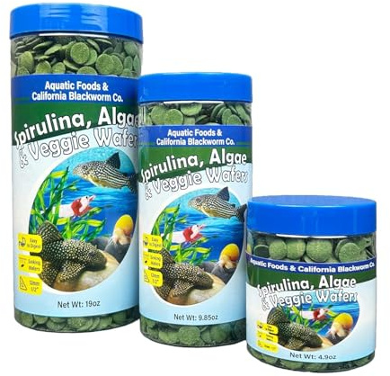 Aquatic Foods Inc. 12mm - 1/2 Small Sinking Wafers of Spirulina, Algae & Veggies for Plecos, Catfish, Shrimp, Snails, Crabs, Crayfish, 12-Type Pellet Mix & 4-Type Wafer Mix Included..4.9oz Canister